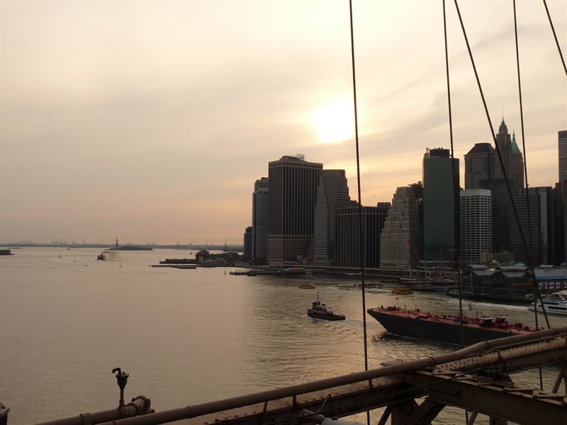 View over Downtown and the Statue of Liberty from Brooklyn Bridge