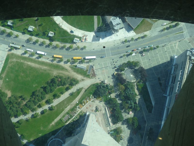 Looking down through the glass floor in the CN Tower
