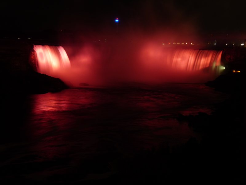 The Falls illuminated at night