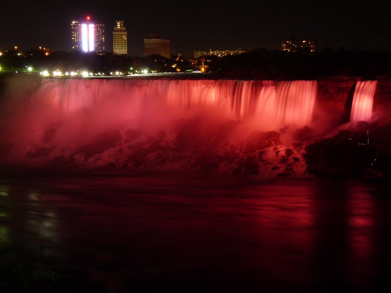 The Falls illuminated at night