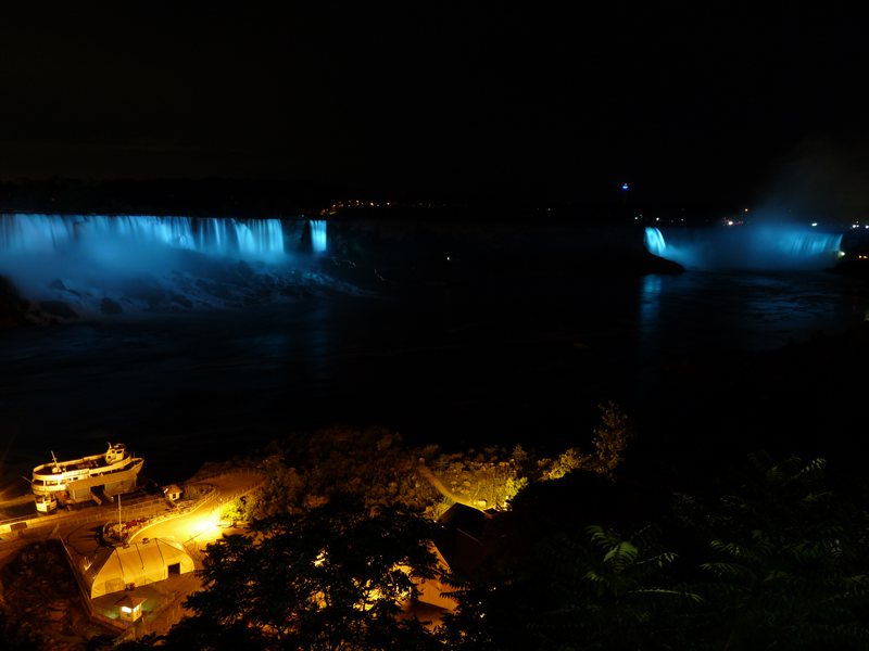 The Falls illuminated at night