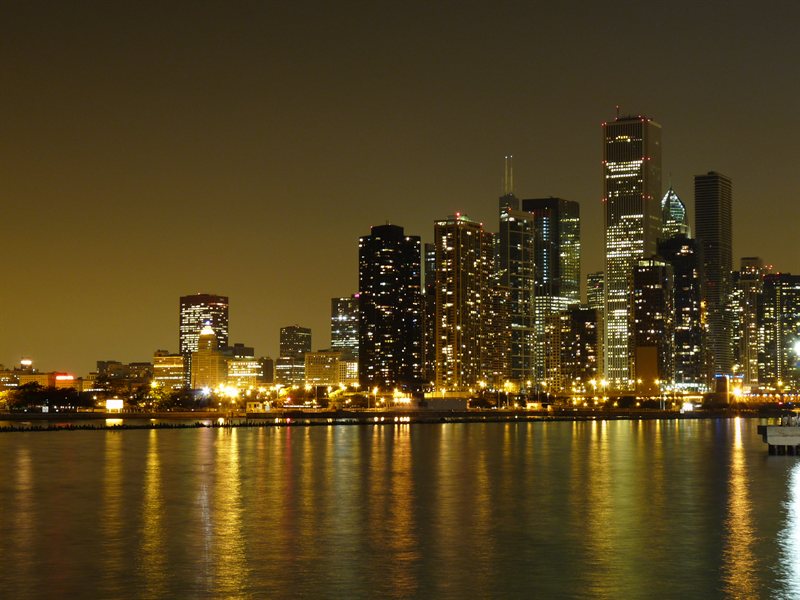Chicago skyline at night from Navy Pier