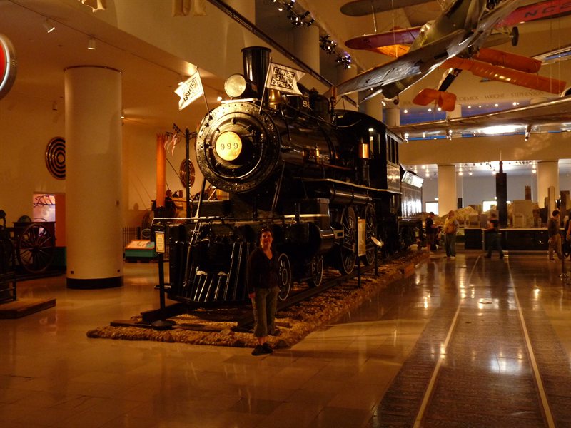 Claire with a steam train at the Chicago Museum of Science and Industry