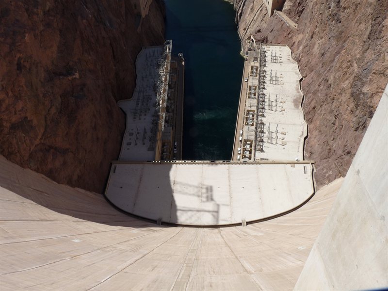 Looking down from the Hoover Dam wall to the power generators at the bottom