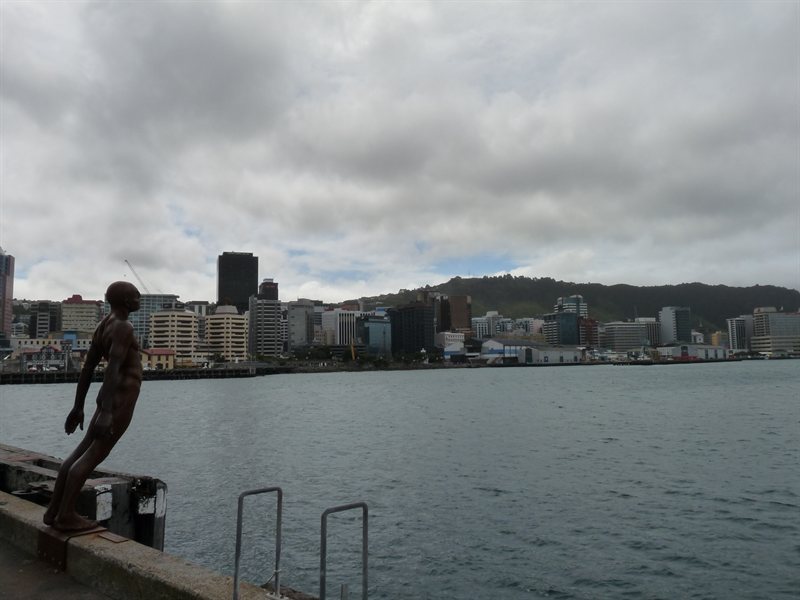 Sculpture of swimmer with Wellington city in the background