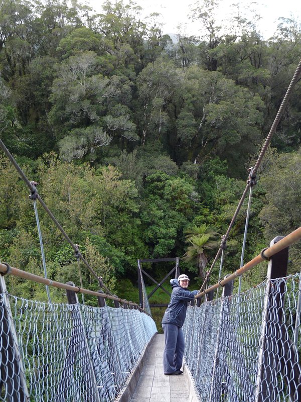 Claire on a swing bridge on the way to Roberts Point