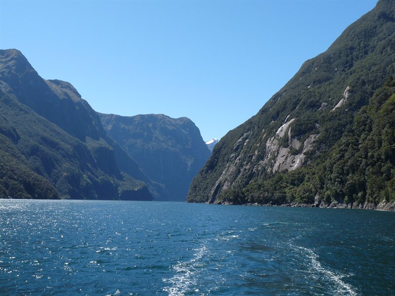 Looking back into Milford Sound from the Tasman Sea