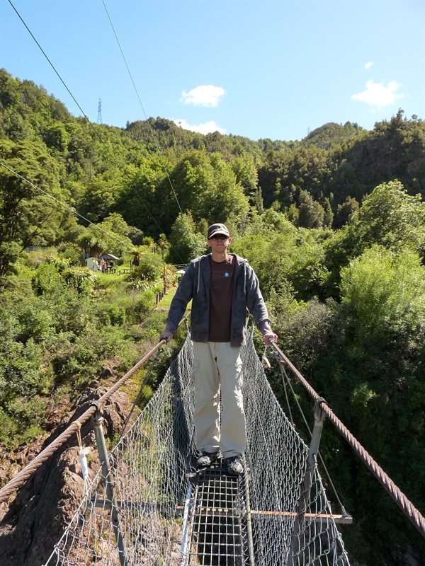 Ed on Buller Gorge swing bridge