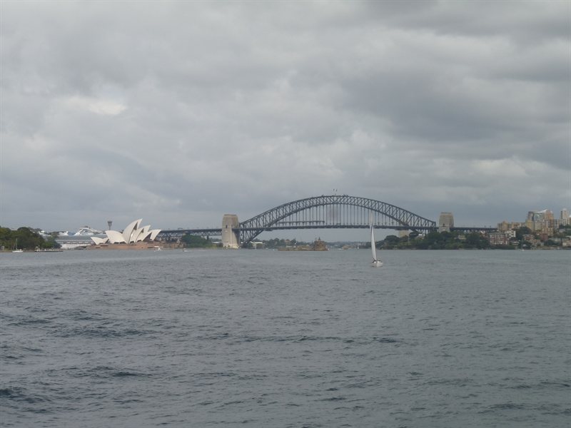 Looking back at the Opera House and Harbour Bridge from the Manly ferry