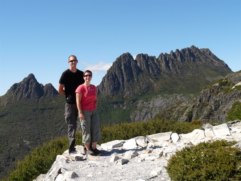 Us at Marion's Lookout with Cradle Mountain in the background