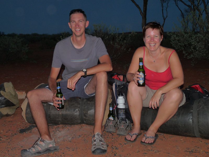 Us chilling out with a beer at Kings Creek Station campsite