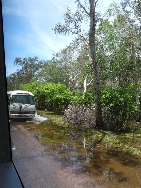 The bus for the Yellow River Cruise wading through water