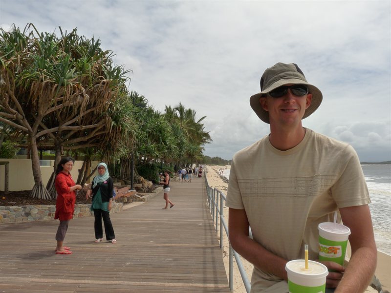 Ed on the boardwalk at Noosa with our last boost juices