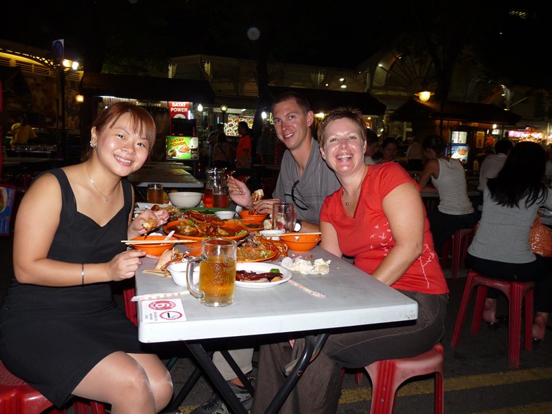 Enjoying platefuls of food with Chloe at the Lau Pa Sat hawker centre