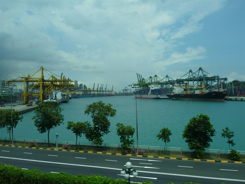 View over the port cranes Sentosa monorail