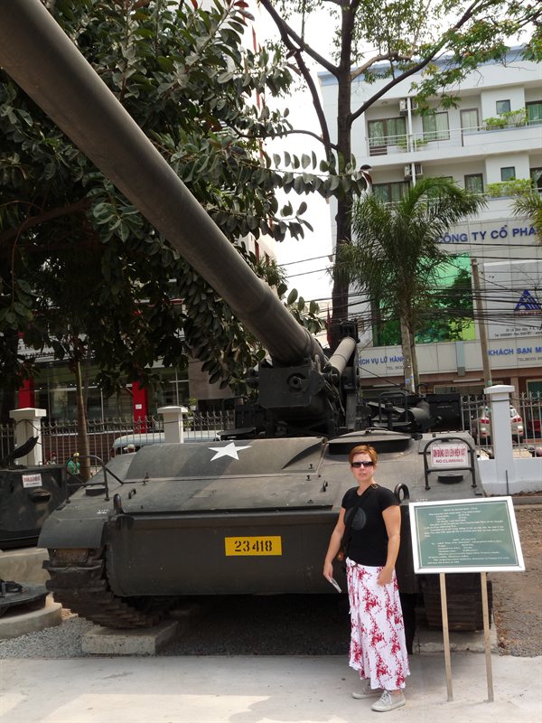 Claire with an American tank at the War Remnants Museum in HCMC