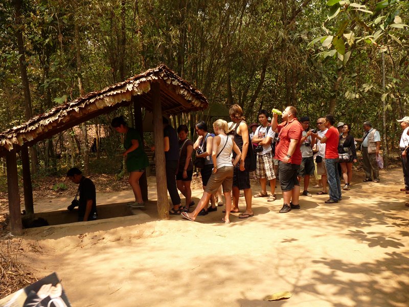 The tour group descending into the tunnels