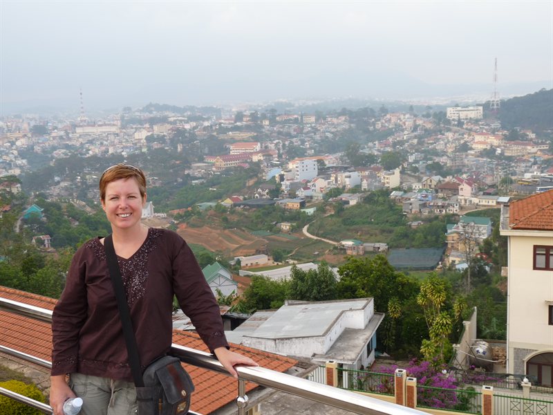 Claire at the cable car station overlooking Dalat