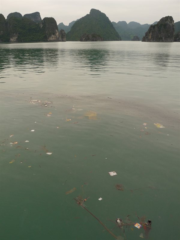 Oil slick and rubbish floating in Ha Long Bay