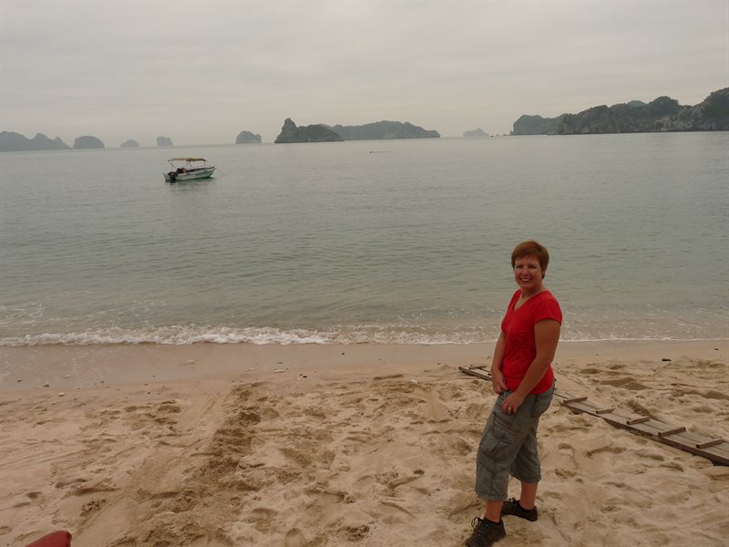 Claire on the beach on Monkey Island Resort