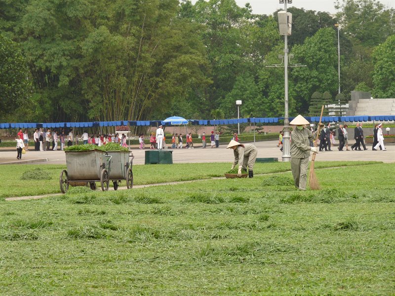 Cutting the grass by hand outside Ho Chi Minh's Mausoleum