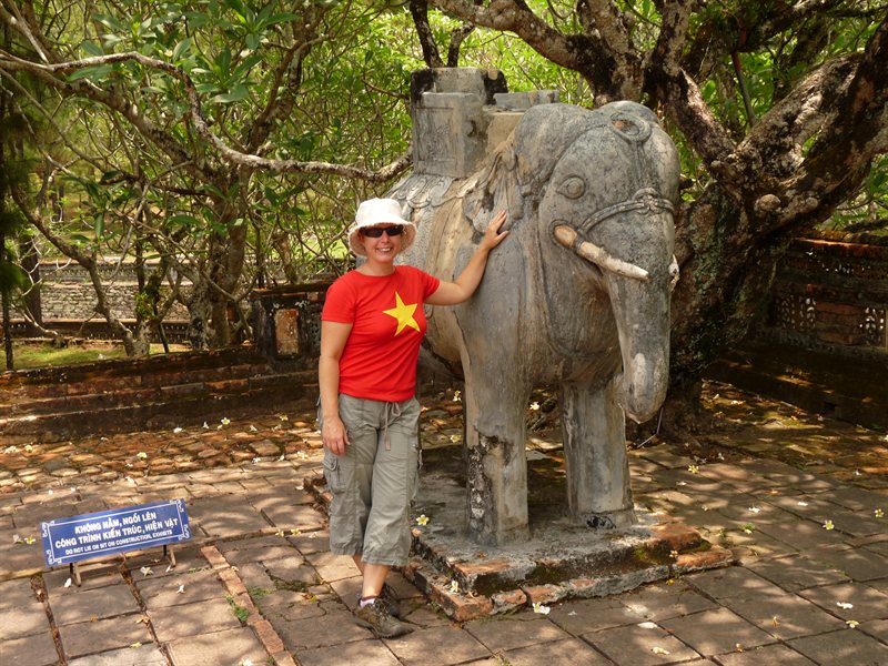 Claire with an elephant at the tomb of Tu Duc