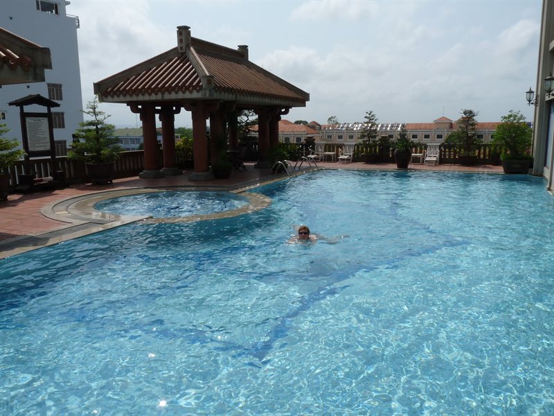 Claire swimming in the pool at the Imperial Hotel in Hue