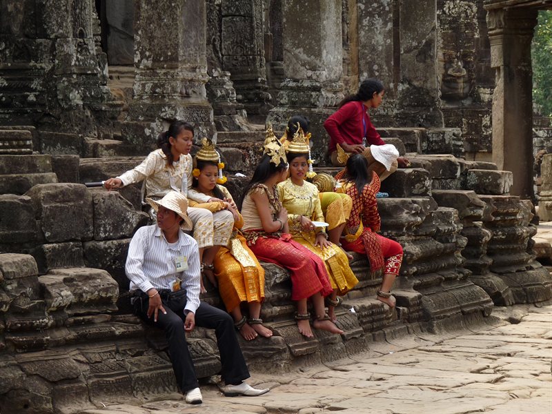 People dressed up at Bayon Temple